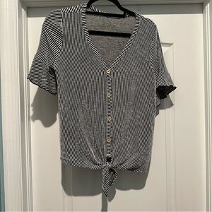 Black And White Striped Short Sleeve Button Down Shirt with Tie Front